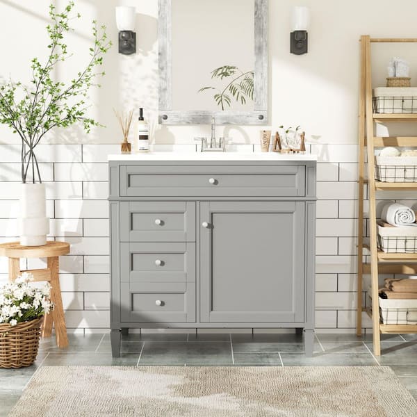 FAMYYT 36 in. W x 18 in. D x 33 in. H Single Sink Freestanding Bath Vanity in Gray with White Resin Top and Adjustable Shelf