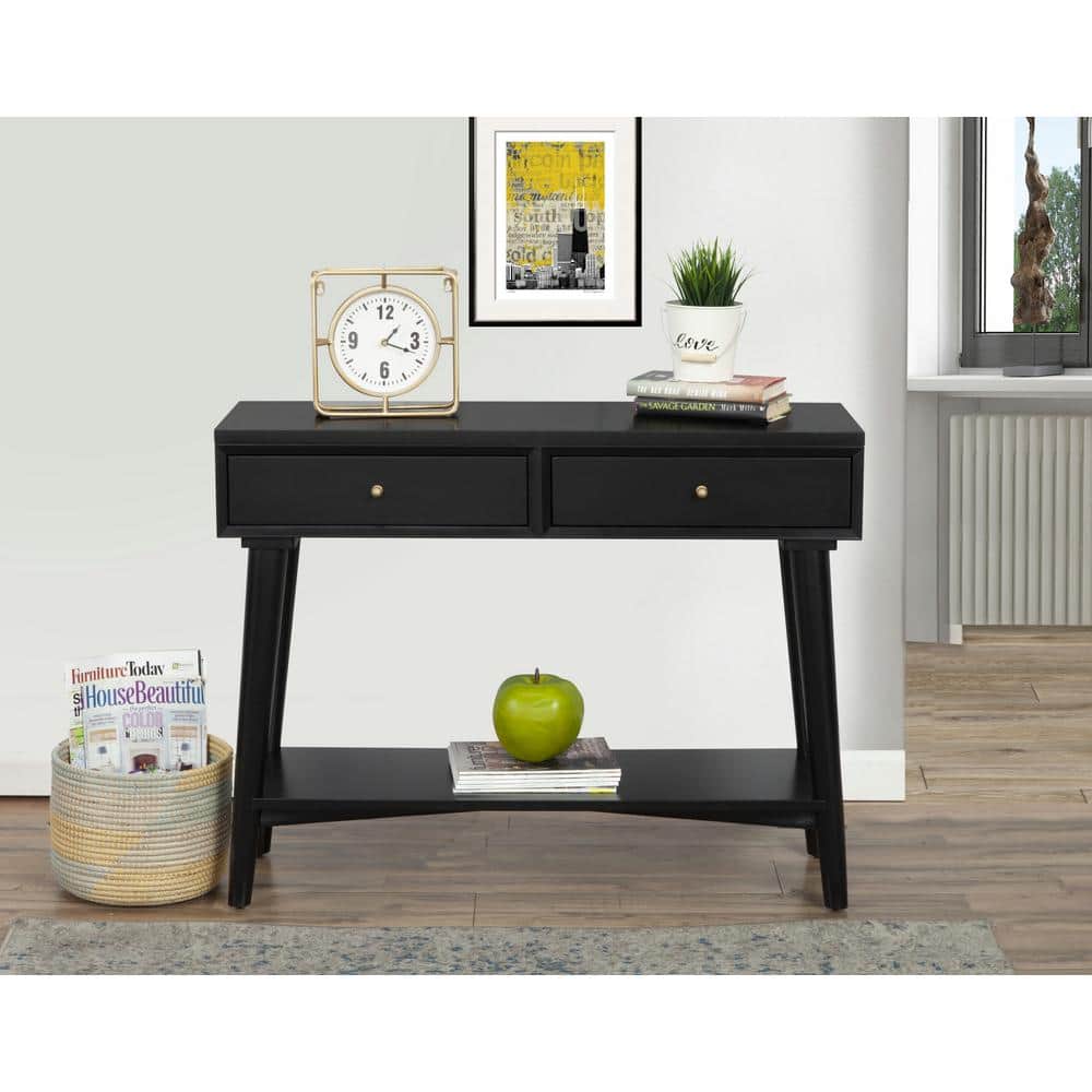 Transitional Mid-Century Black Mahogany Console Table with Storage