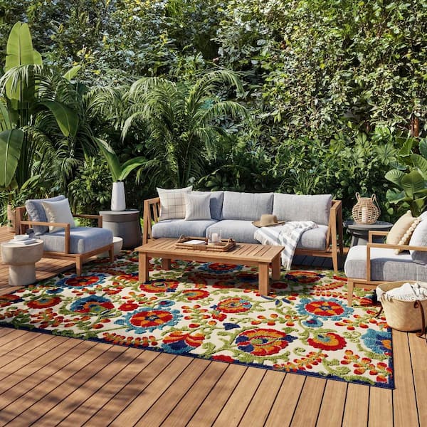 Aloha Multicolor 12 ft. x 15 ft. Floral Boho Contemporary Indoor/Outdoor Area Rug