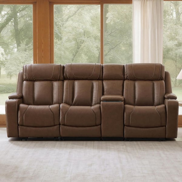 Ziva 97.24 in. Light Brown Triple Motor Square Arm Rectangle Leather Power Reclining Sofa with Lumbar & Console