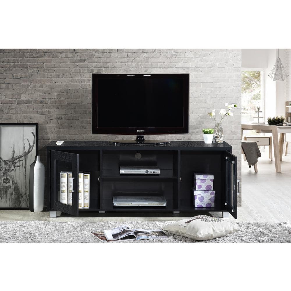Charcoal Black 57" Entertainment Center with Transparent Cabinet Doors