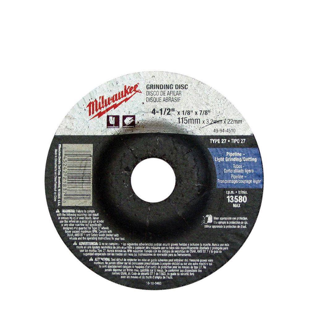 Milwaukee 4-1/2 in. x 1/4 in. x 7/8 in. Grinding Wheel (Type 27) 49-94-4520  - The Home Depot
