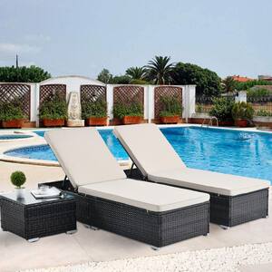 3-Piece Wicker Outdoor Chaise Lounge Chair Set with Coffee Table in White Cushions
