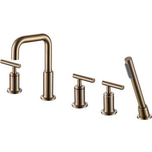 3-Handle Deck-Mount Roman Tub Faucet with Hand Shower 5-Hole Brass Bathtub Fillers in Brushed Gold