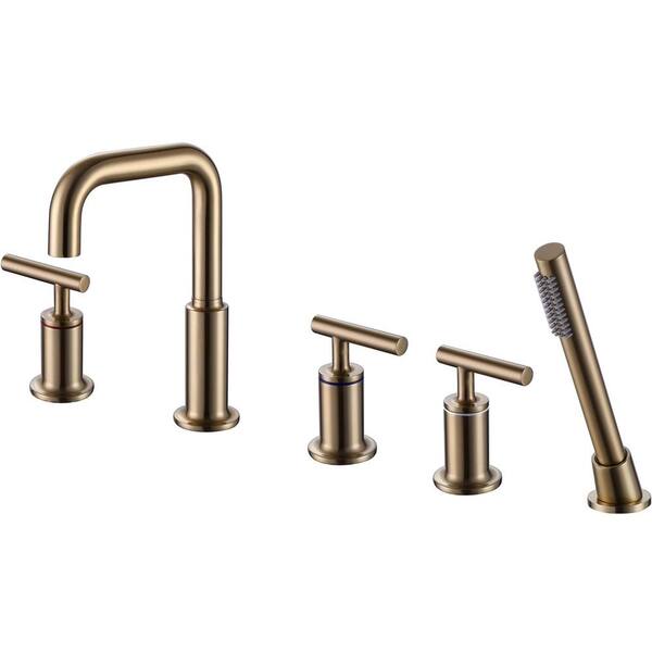 AIMADI 3-Handle Deck-Mount Roman Tub Faucet with Hand Shower 5-Hole Brass Bathtub Fillers in Brushed Gold