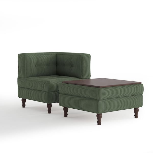Green Corduroy Polyester 1-Arm Chaise Lounge with Ottoman