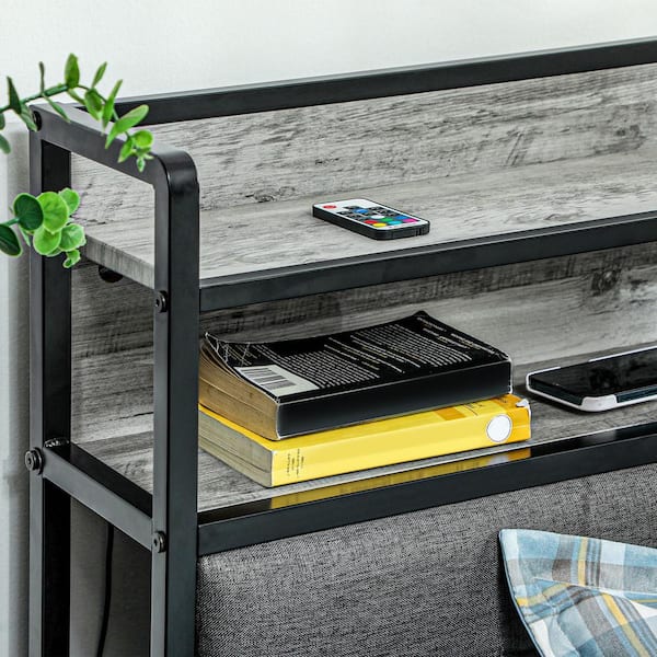 Cement Gray Steel Frame Queen Platform Bed with Upholstered Headboard, LED Lights and Storage