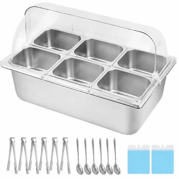 Silver Food Grade Cold Food Buffet Server with 6 Divided Pans, Clear Roll Top Lid and Ice Packs