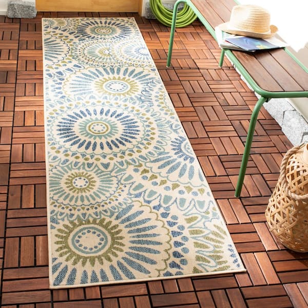 Veranda Cream/Green 2 ft. x 16 ft. Floral Geometric Indoor/Outdoor Patio  Runner Rug