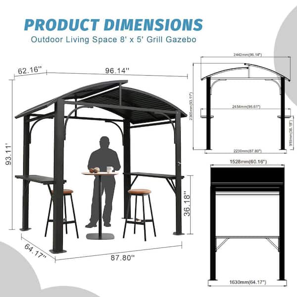 8 ft. x 5.1 ft. Arc Roof,Grill Canopy for Outdoor Grill Double Galvanized Steel Roof and 2-Side Shelves,BBQ Gazebo Grill