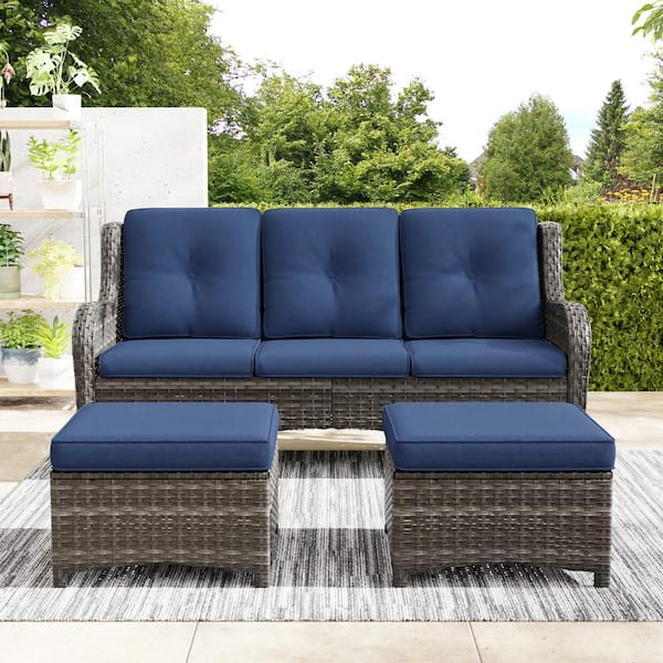 JOYSIDE Wicker Outdoor Patio Sofa Sectional Set with Blue Cushions and Ottoman