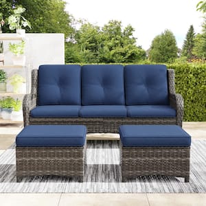 Wicker Outdoor Patio Sofa Sectional Set with Blue Cushions and Ottoman