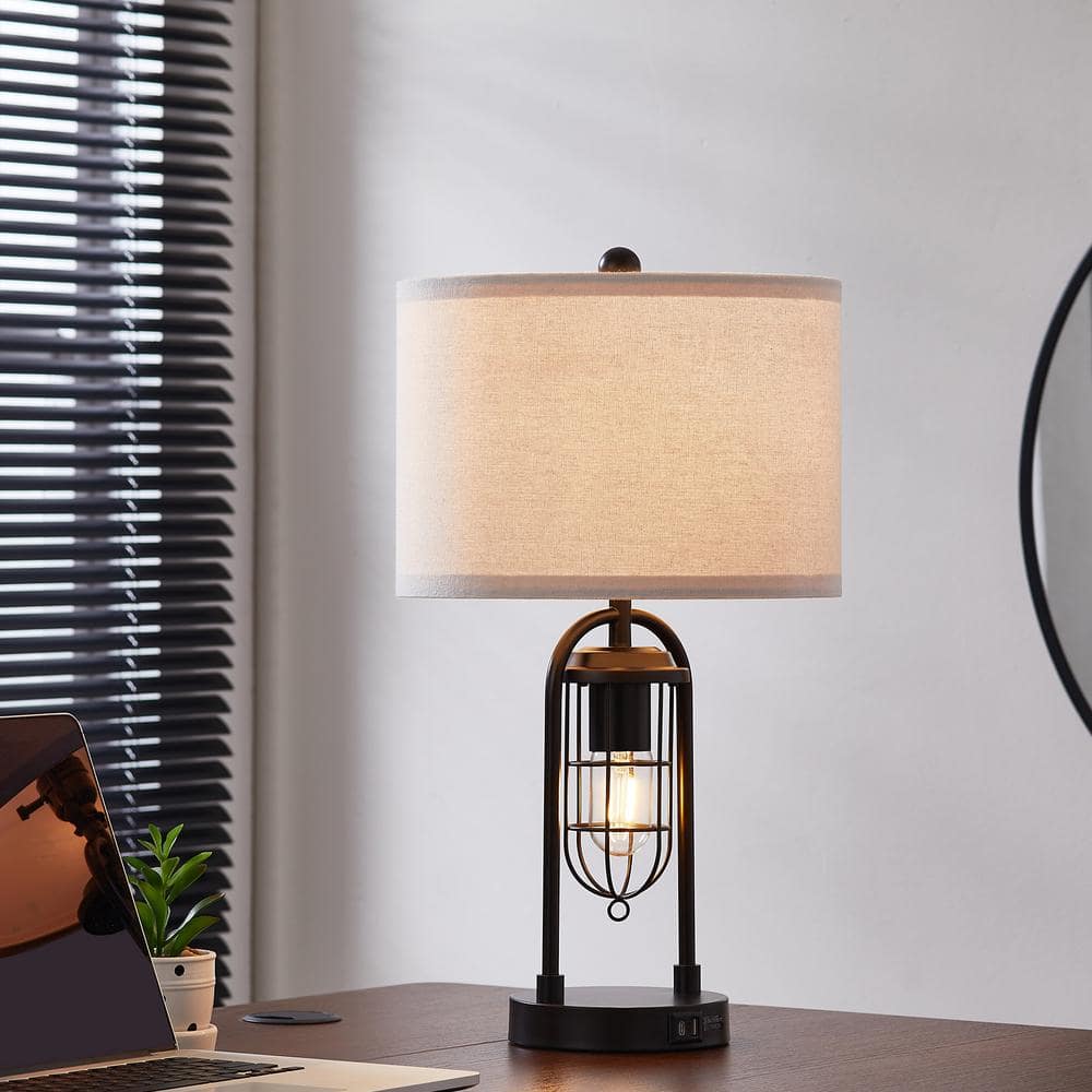 21.5'' Black Metal Table Lamp Set with USB Ports and Lantern Night Light