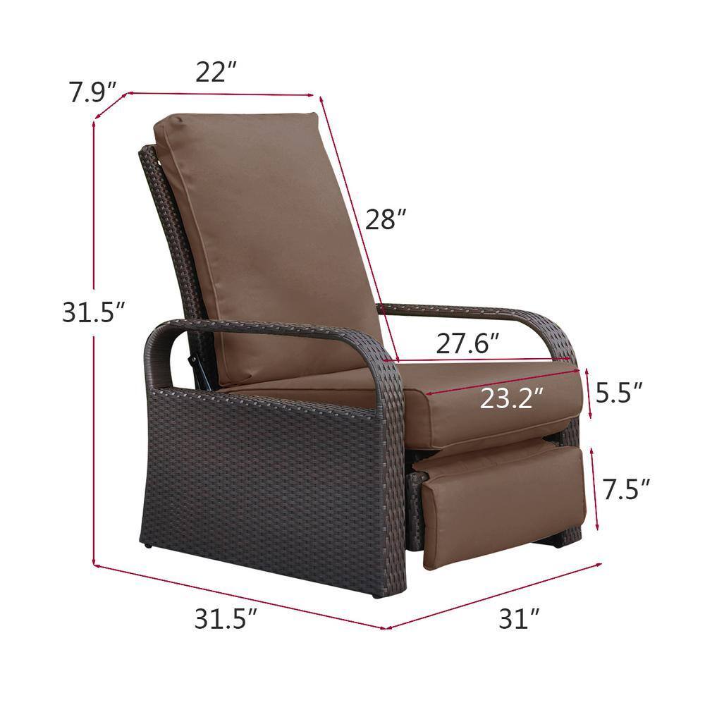 Dimension diagram of the brown wicker outdoor recliner