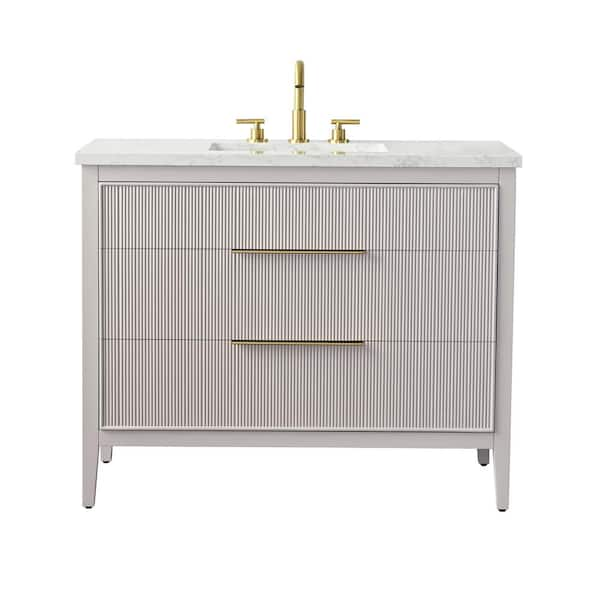 Emma 42 in. W Bath Vanity in Taupe with Engineered Stone Top in Arabescato with White Sink