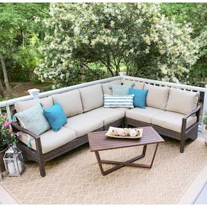 Augusta 5-Piece Wicker Patio Corner Sectional with Sunbrella Cast Ash Cushions