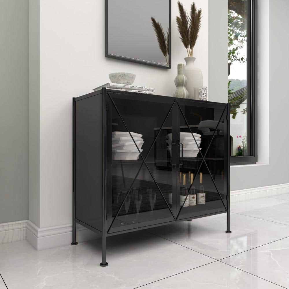 Black Metal Geometric Cabinet with Glass Panels
