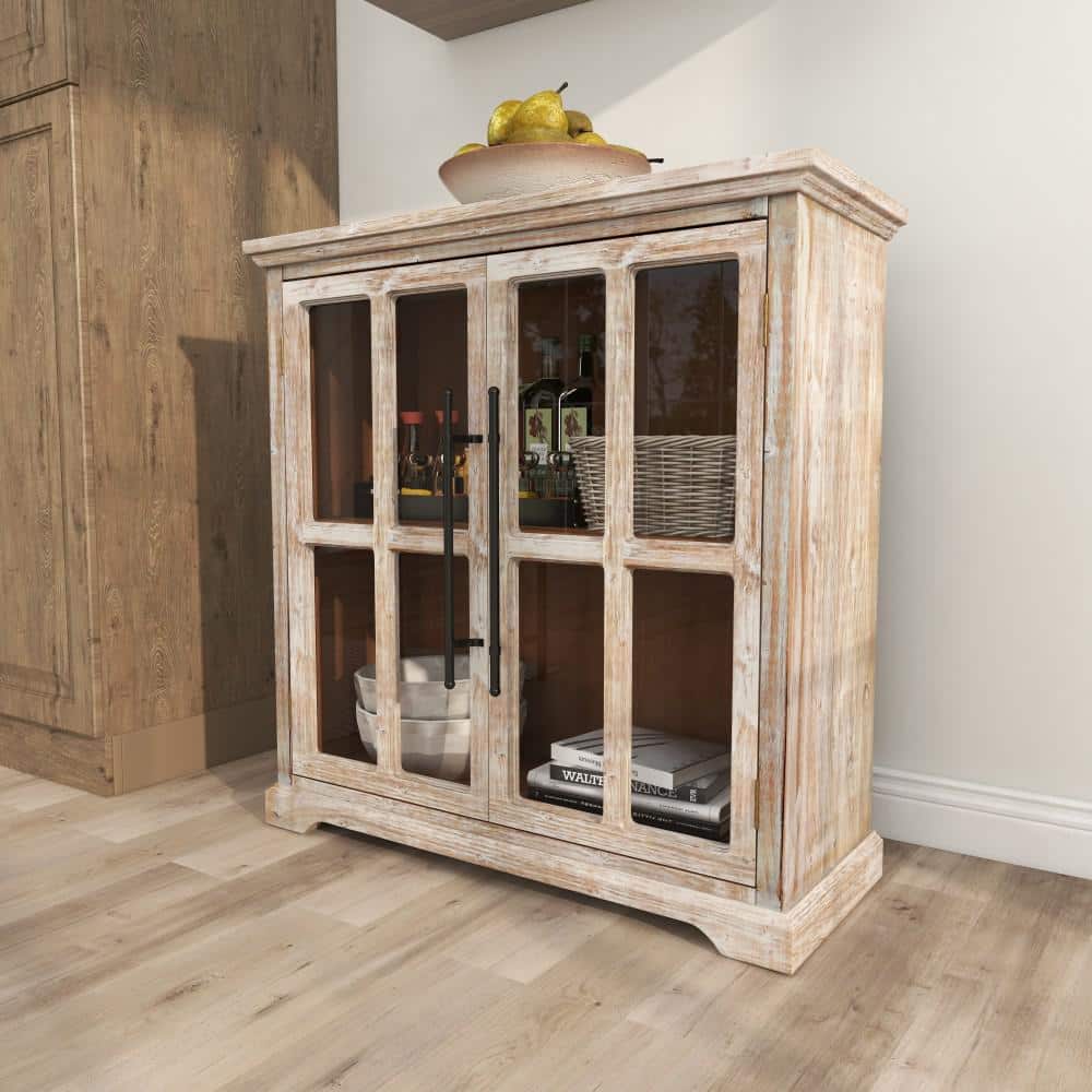 Weathered Brown Wood and Glass Farmhouse Accent Cabinet
