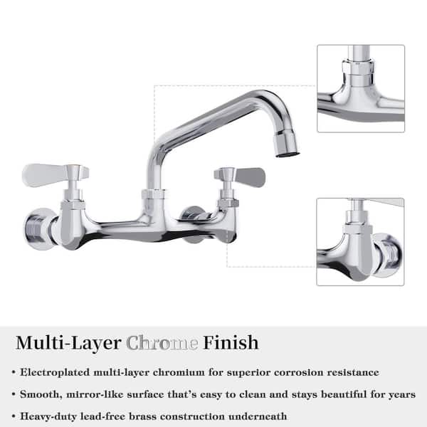 2-Handle Wall Mount Kitchen Faucet with 8 Inch Swivel Spout 8" Center in Polished Chrome