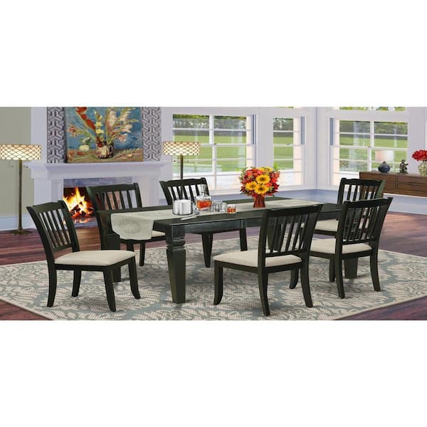 7-Piece Rectangle Black Finish Solid Wood Top Dining Table with 6-Chairs with Butterfly Leaf Slat Back