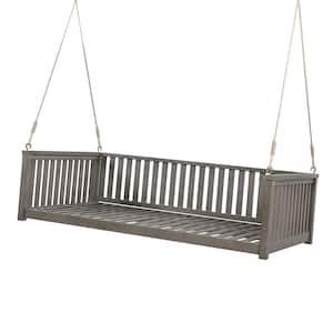 2-Person Gray Wood Patio Hanging Porch Swing Bench Chair With Ropes for Backyard