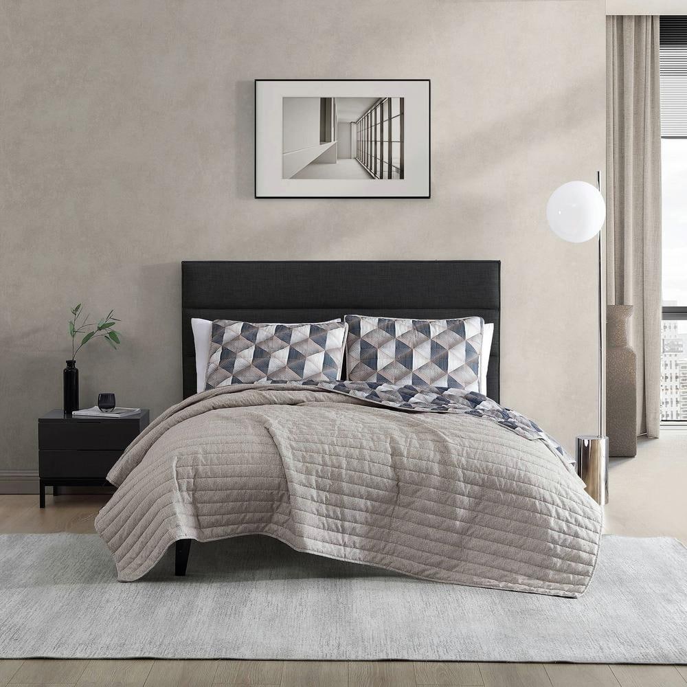 Geometric Gray and Brown Microfiber King Quilt Set