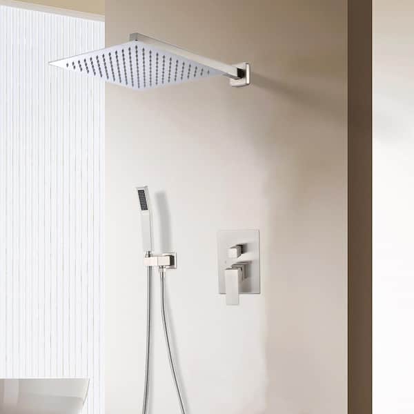 Satico Rainfall 1-Spray Square 12 in. Shower System Shower Head with Handheld in Brushed Nickel