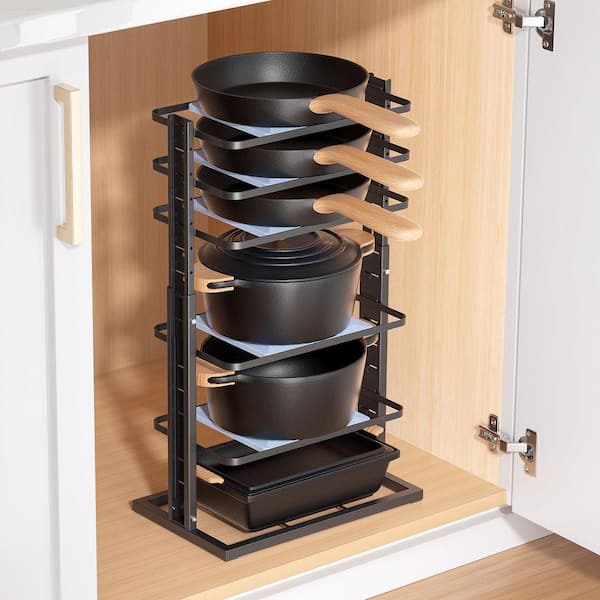 Anqtovp Black Adjustable 6-Tier Heavy Duty Kitchen Organizer Rack Space Saving Pot Rack for Cabinet and Countertop Storage