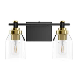 14 in. 2-Light Black Vanity Light Bathroom Lamp Over Mirror with Clear Glass Shade