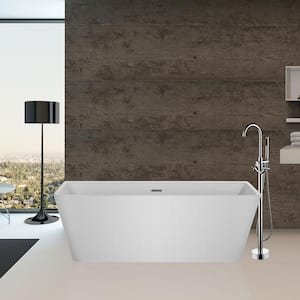 67 in. Acrylic Flatbottom Not Whirlpool Freestanding Bathtub - Deep Soaking Tub in White