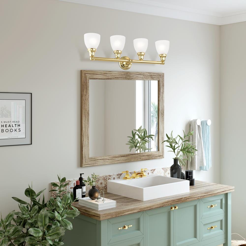 Elegant Polished Brass 4-Light Vanity with Satin Opal White Glass