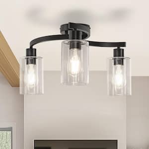 11.8 in. 3-Light Semi-Flush Mount Ceiling Light, Matte Black Bedroom Light Fixtures with Clear Glass Shades