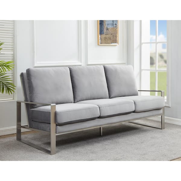 Leisuremod Jefferson 77.1 in. Square Arm Velvet Contemporary Modern Rectangle Sofa in Gray