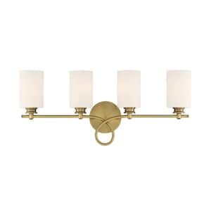 Woodbury 28 in. W x 12 in. H 4-Light Warm Brass Bathroom Vanity Light with Frosted Glass Shades