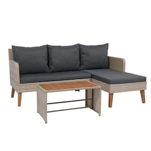 3-Piece L-Shaped Wicker Patio Conversation Set, L-Shaped Seating Group Sofa Sets with Dark Grey Cushions for Patio