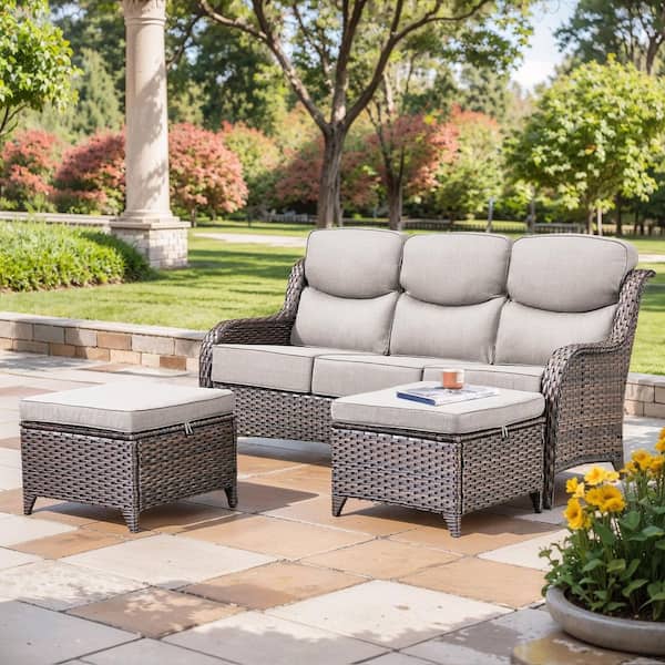 NovaSwivel Brown 3-Piece Wicker Outdoor Couch Patio Sectional Sofa with 6 in. Thick Beige Cushions and Ottomans