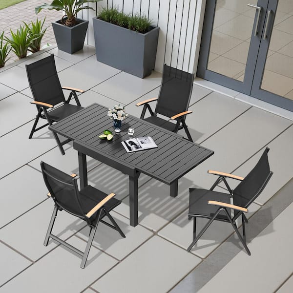 Black 5-Piece Aluminum Outdoor Dining Set with Expandable Rectangle 63 in. Table and Adjustable Folding Chairs