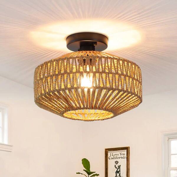LWYTJO 11.81 in. 1-Light Black/Brown Rattan Semi Flush Mount
