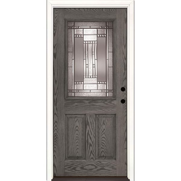 Feather River Doors Preston 36 in. x 80 in. Left Hand Inswing Half Lite Decorative Glass Oak Stained Ash Fiberglass Prehung Front Door