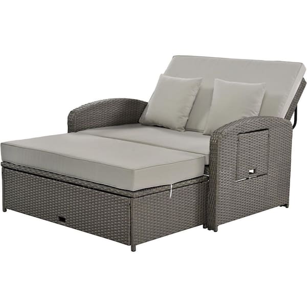 Unbranded PE Wicker Outdoor Double Chaise Lounge, 2-Person Reclining Day bed with Adjustable Back and Gray Cushions