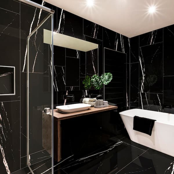 Tavish Nero 24 in. x 48 in. Polished Porcelain Stone Look Floor and Wall Tile (16 sq. ft./Case)