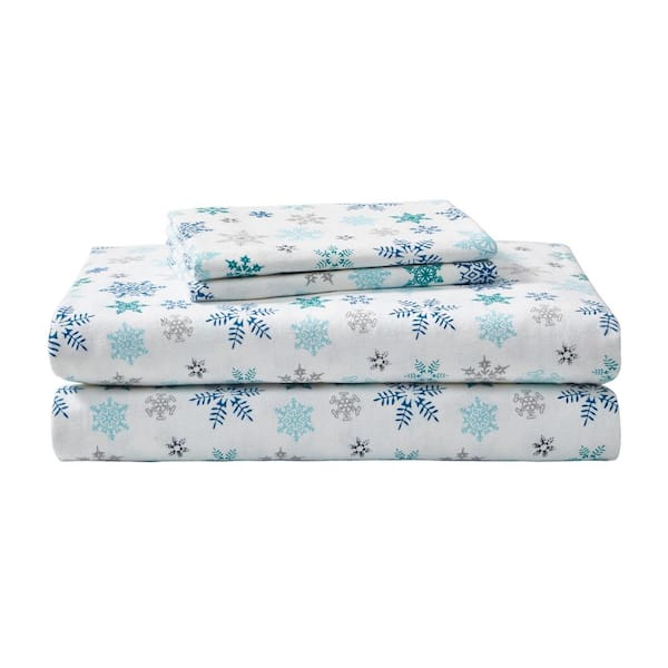 Eddie Bauer Tossed Snowflake 4-Piece Multi-Blue Graphic Flannel King Sheet Set