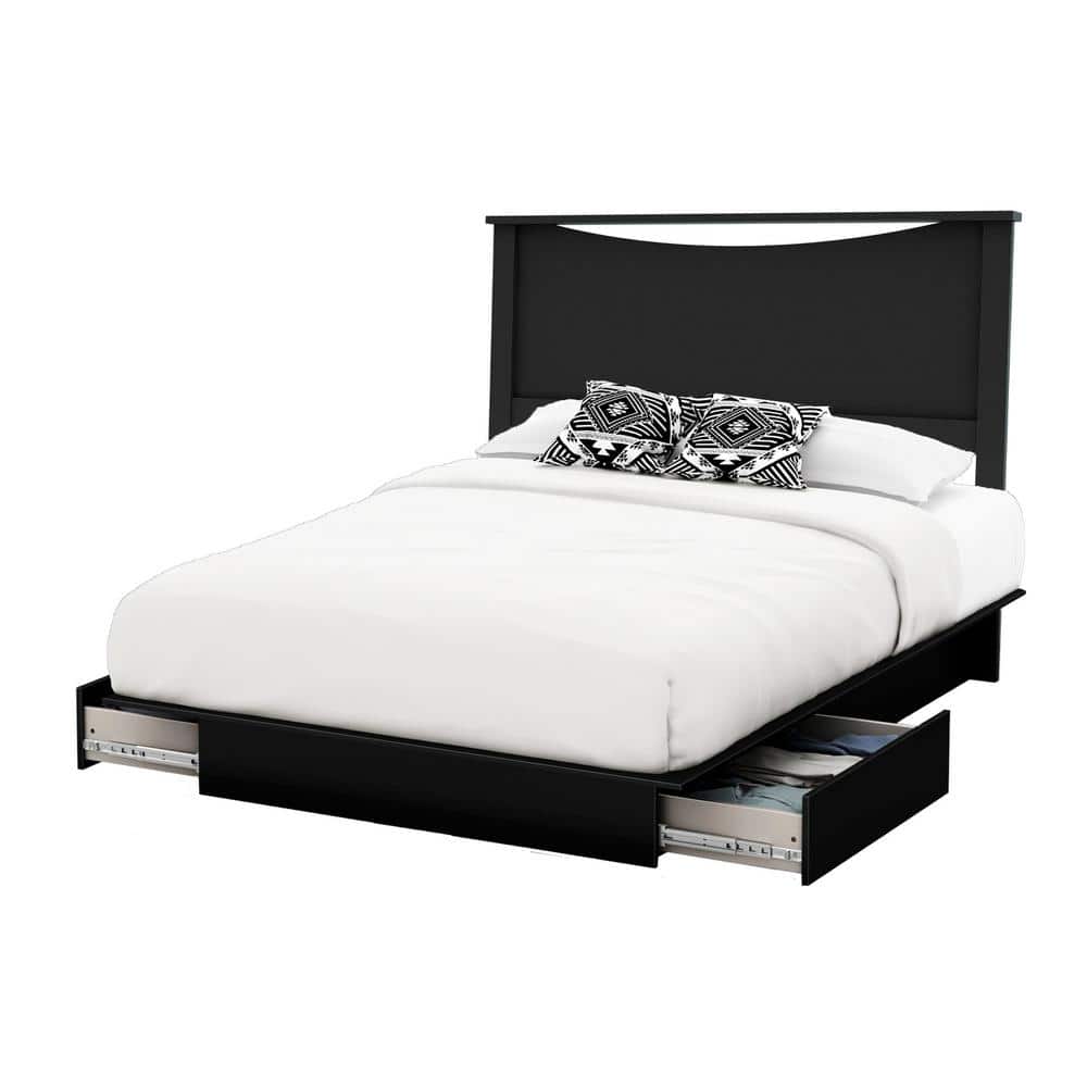 Pure Black Queen Platform Bed with Upholstered Headboard and Storage Drawers