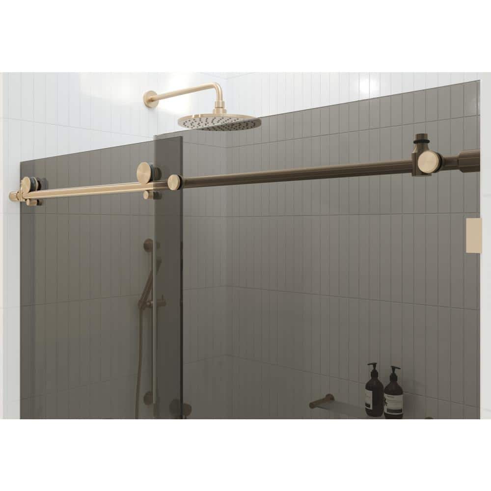 Equinox 60" Frameless Gray Tinted Glass Sliding Shower Door with Brushed Bronze Hardware