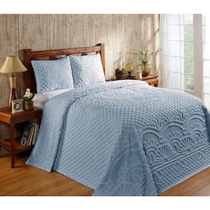 Trevor Collection 2-Piece Blue Twin 100% Cotton Tufted Chenille Medallion Design Bedspread Set