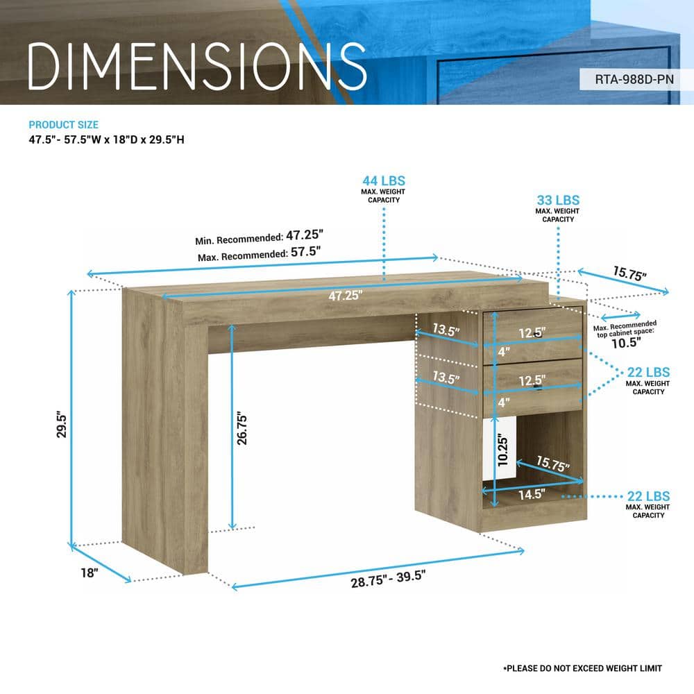 Expandable Pine Wood Home Office Desk with Storage Drawers