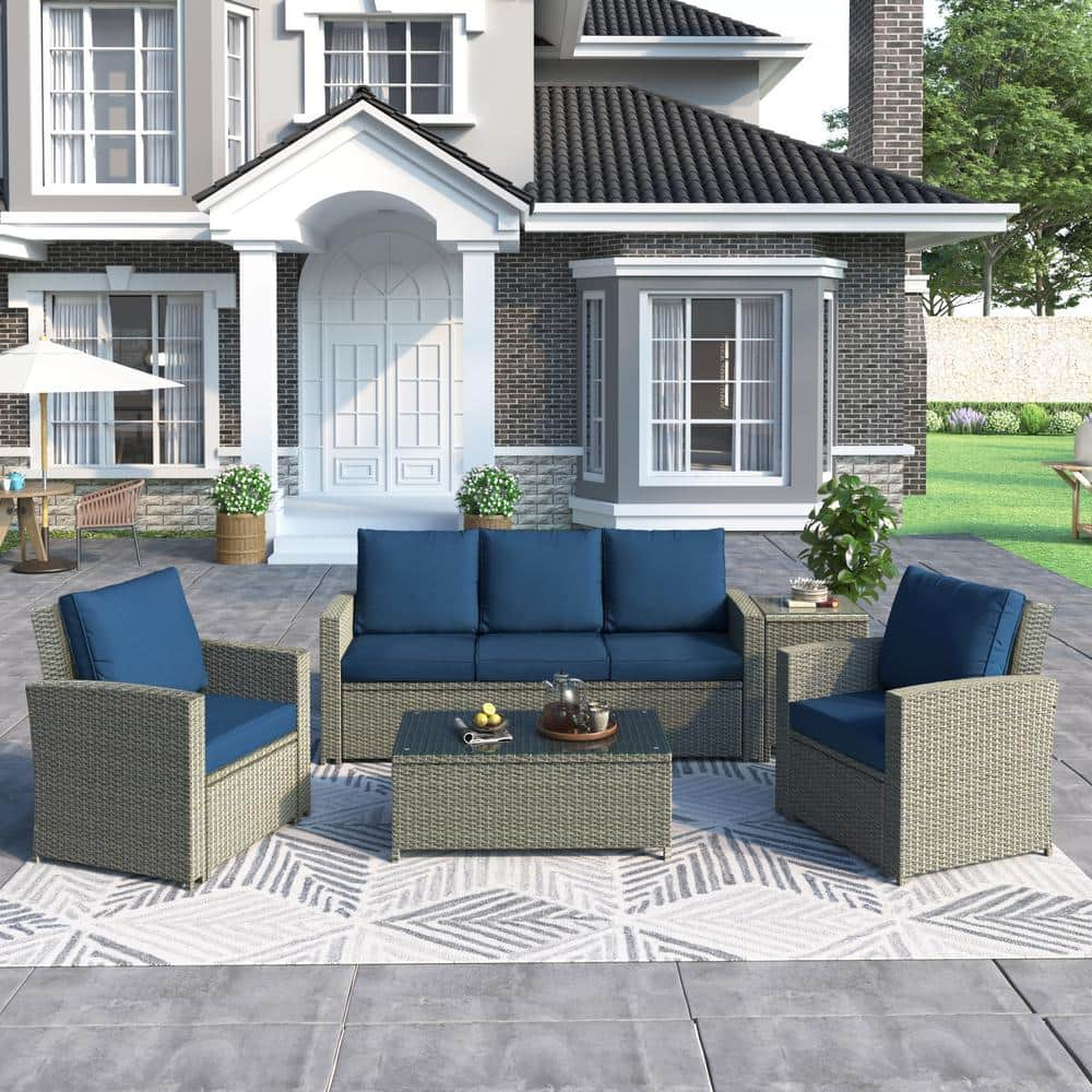 Waelph 5 Piece Wicker Patio Conversation Set With Blue Cushions And   Waelph Patio Conversation Sets Gz B2bo2020532 64 1000 