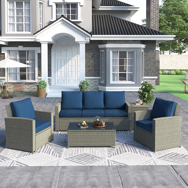 waelph 5-Piece Wicker Patio Conversation Set with Blue Cushions and Table
