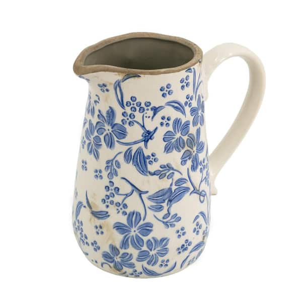 7 in. White and Blue Ceramic Pitcher Vase with Distressed Finish, Farmhouse French Country Decorative Table Vase