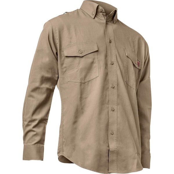 PIP Men's Medium Tan AR/FR Dual Certified Ripstop Long Sleeve Work Shirt, 9 cal/sq. cm